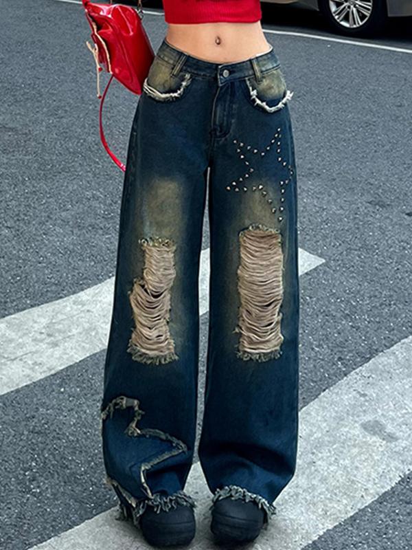 Zerrissene Jeans mit Raw Edge Gradient Star Strass-1