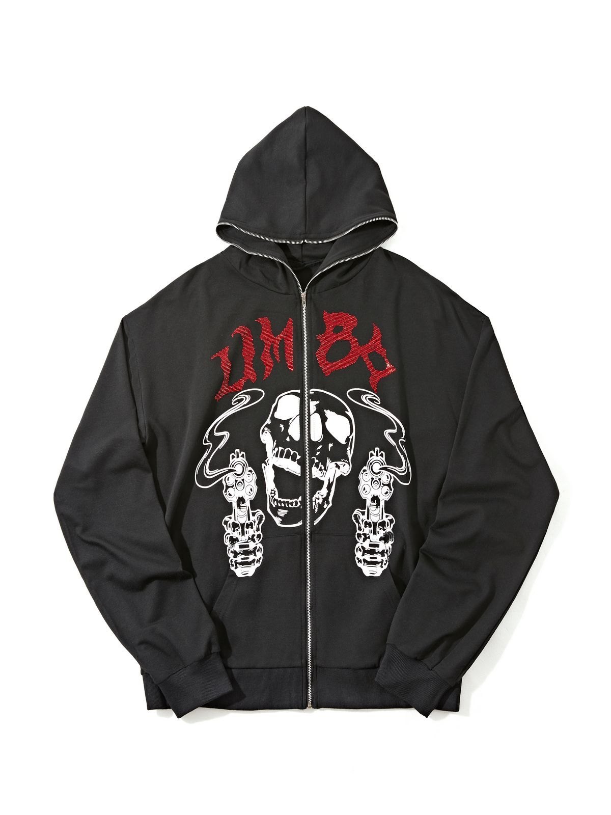 Herren-Hoodie mit Strass-Buchstabe und Totenkopf, schwarz-2