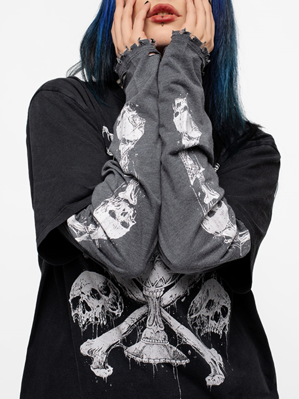 Ausgefranstes Langarm-T-Shirt mit Distressed Snake Skull Print-1