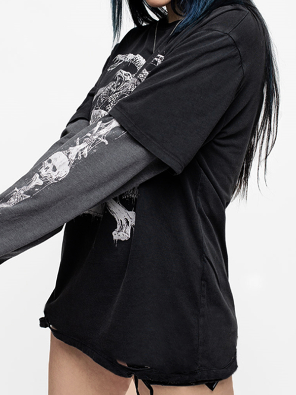 Ausgefranstes Langarm-T-Shirt mit Distressed Snake Skull Print-2
