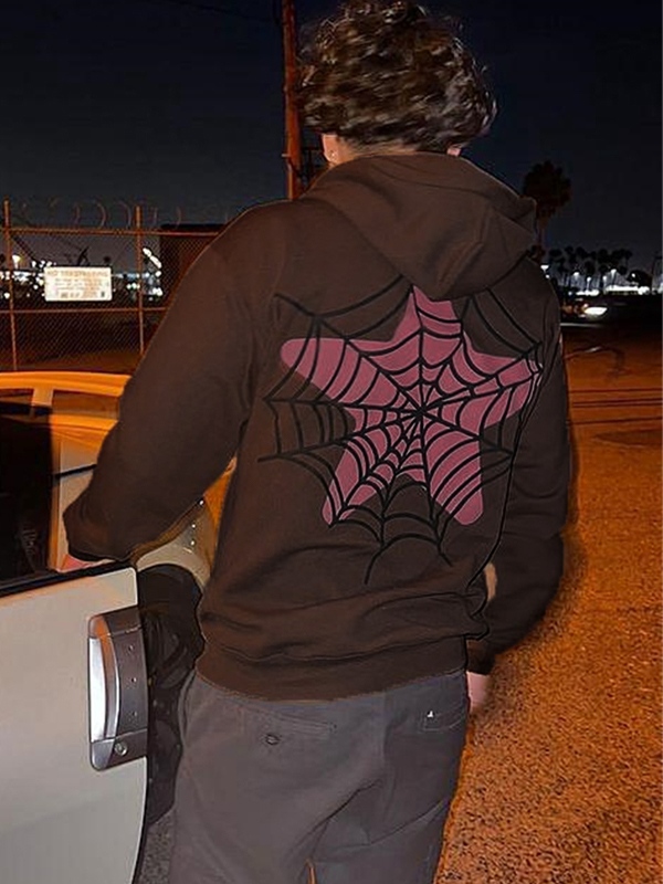 Übergroßer Kapuzenpullover mit kontrastierendem Spinnennetz-Print für Herren-1