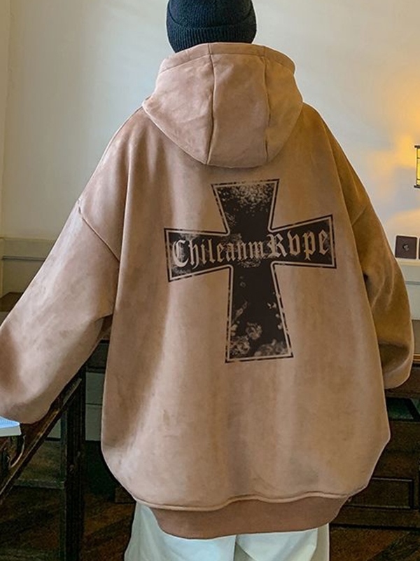 Übergroßer Kapuzenpullover mit Kreuzmuster aus Wildleder für Herren-1