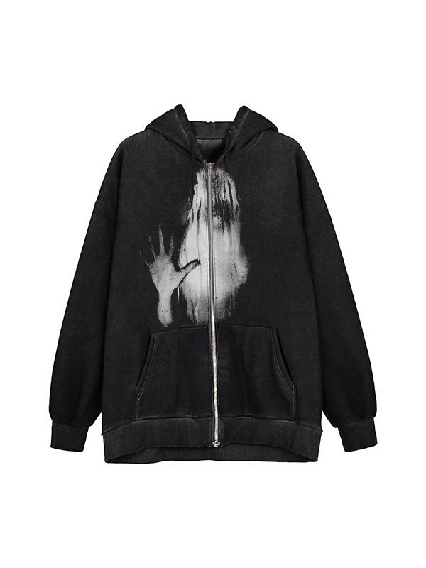 Übergroßer Kapuzenpullover mit Street-Abstract-Print und Reißverschluss-1