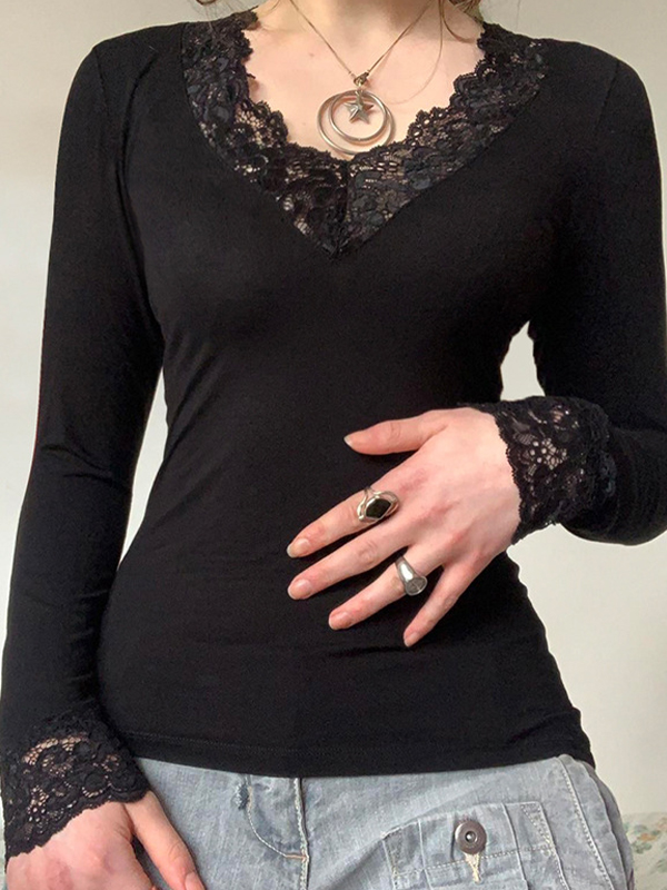 Langarm-T-Shirt mit V-Spitzennaht-1