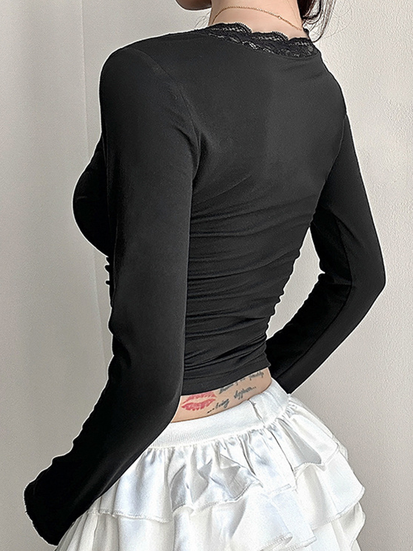 Langarm-T-Shirt mit V-Spitzennaht-2