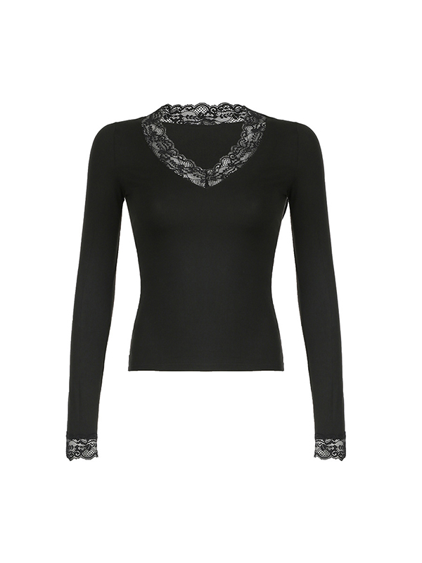 Langarm-T-Shirt mit V-Spitzennaht-4