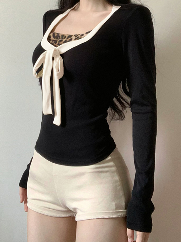 Langärmliges T-Shirt mit Leopardenmuster und kontrastierender Schleife-2