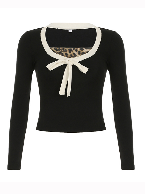 Langärmliges T-Shirt mit Leopardenmuster und kontrastierender Schleife-5