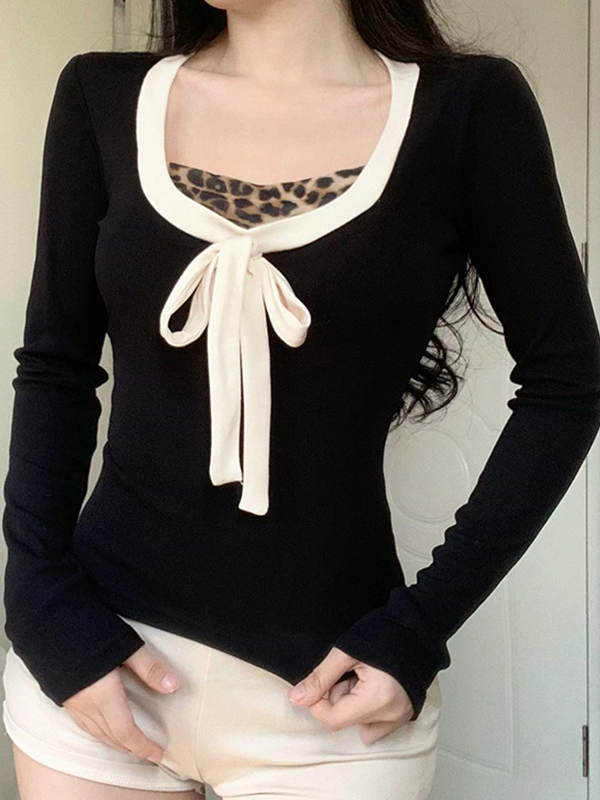Langärmliges T-Shirt mit Leopardenmuster und kontrastierender Schleife-3