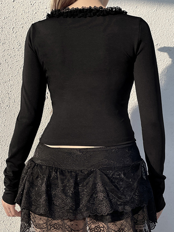 Langärmliges T-Shirt mit V-Ausschnitt und Spitze-2