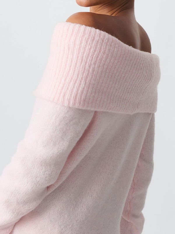 Einfarbige, schulterfreie, übergroße Pullover-1