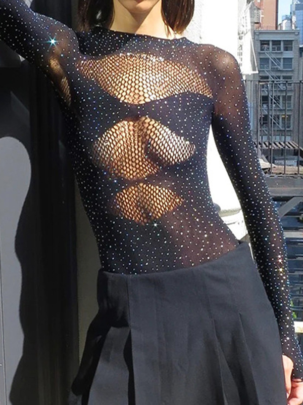 Gestrickte transparente Bodys mit langen Ärmeln-1