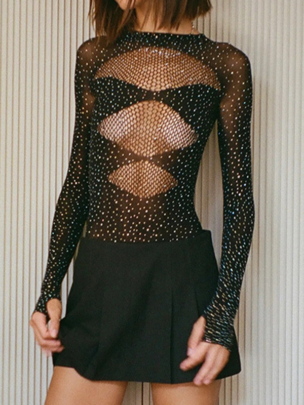 Gestrickte transparente Bodys mit langen Ärmeln-2