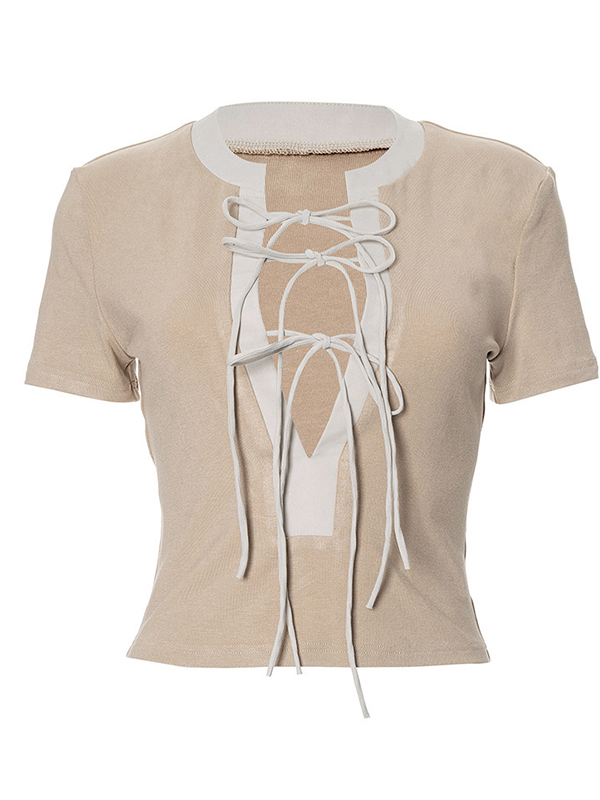 T-Shirt mit tiefem V-Ausschnitt und Krawatte, kurzärmlig-3