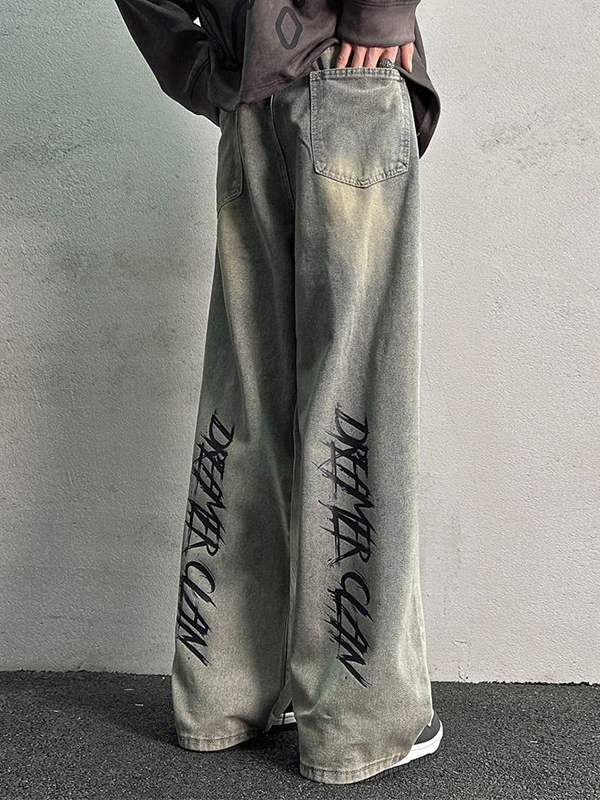 Vintage Gelb Schlamm Buchstaben Lose Gerade Jeans-1