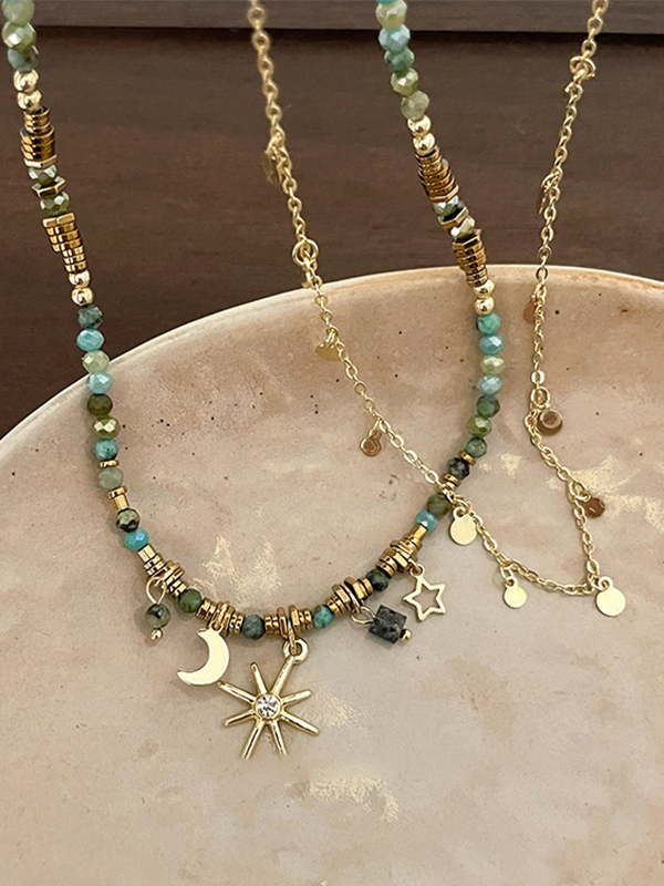 1 Stück Vintage Doppellagige Halskette mit Stern und Mond-4