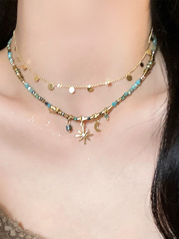 1 Stück Vintage Doppellagige Halskette mit Stern und Mond-1