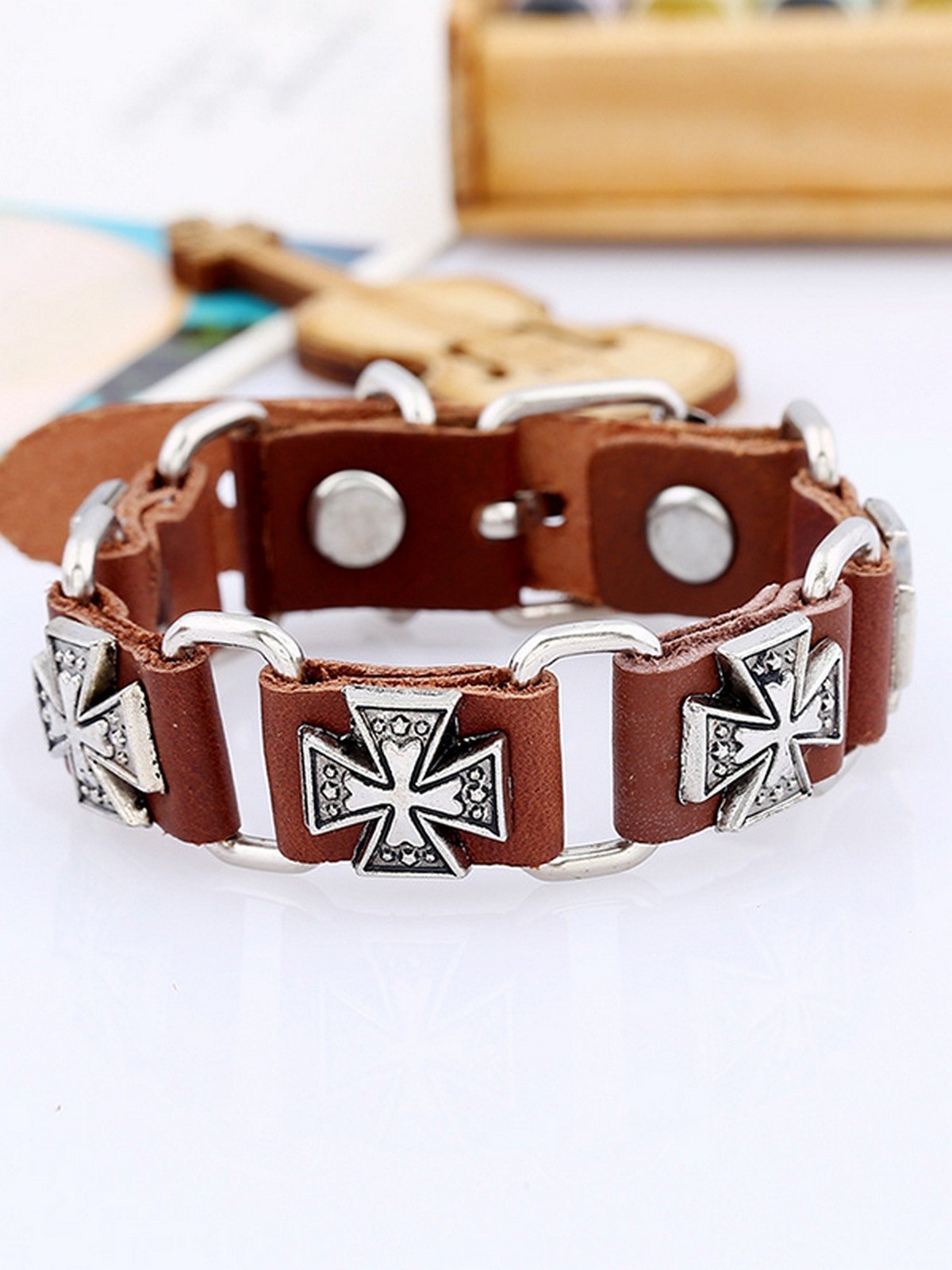 Herren-Kreuzmuster-Pu-Leder-Gliederarmband-1