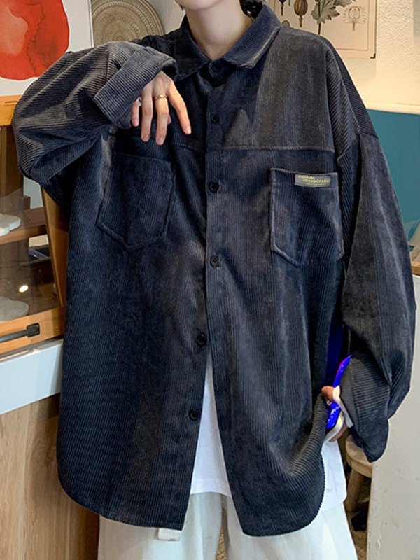 Einfaches Cord-Langarmhemd mit Taschen für Herren-3