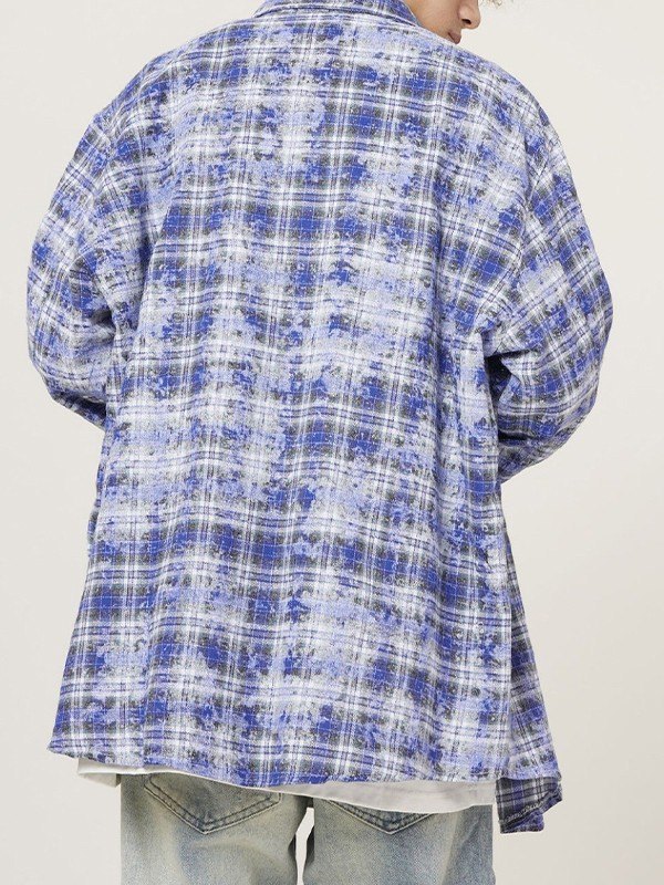 Kariertes, langärmliges Herrenhemd mit Stickerei und Batikmuster-3