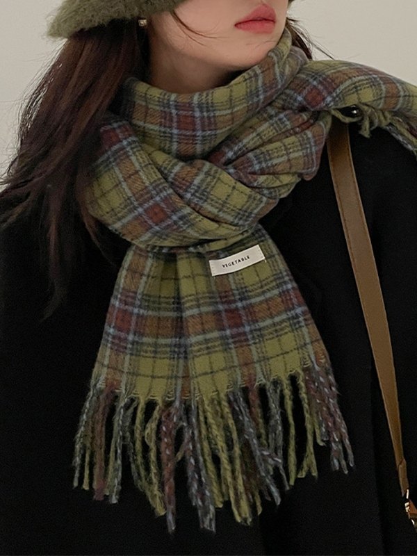 Vintage grün karierter Schal mit Fransen-1