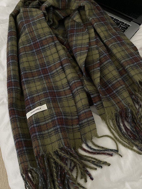 Vintage grün karierter Schal mit Fransen-2