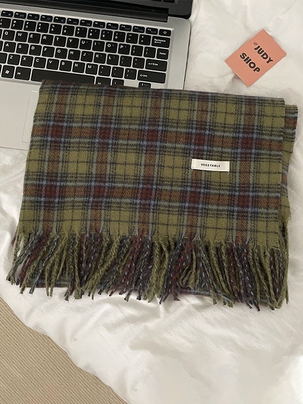 Vintage grün karierter Schal mit Fransen-3