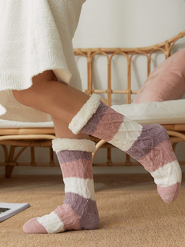 Farbblock gestreifte, mit Fleece gefütterte Socken-2