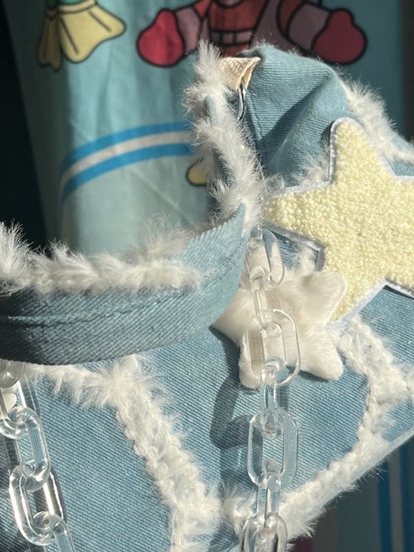 Fuzzy Trim Star Denim Umhängetasche-3