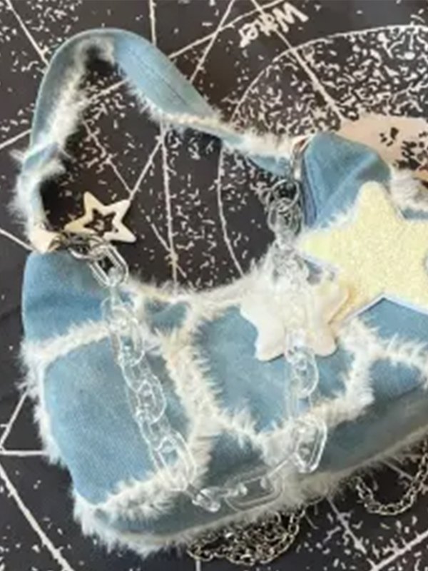 Fuzzy Trim Star Denim Umhängetasche-2