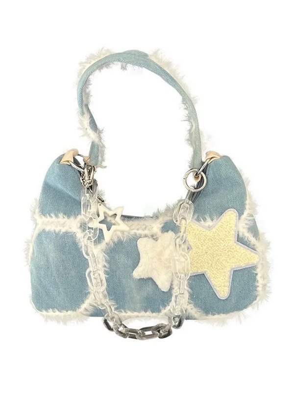 Fuzzy Trim Star Denim Umhängetasche-4