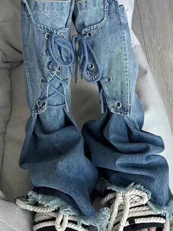 Vintage Blue Ombre Burr Lace Up Beinwärmer-1