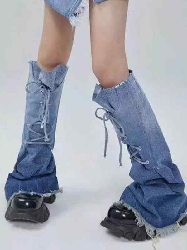 Vintage Blue Ombre Burr Lace Up Beinwärmer-4