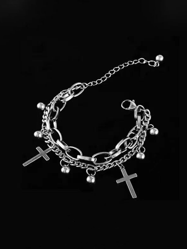 Doppellagiges Armband mit Kreuzanhänger und Perlenkette-1