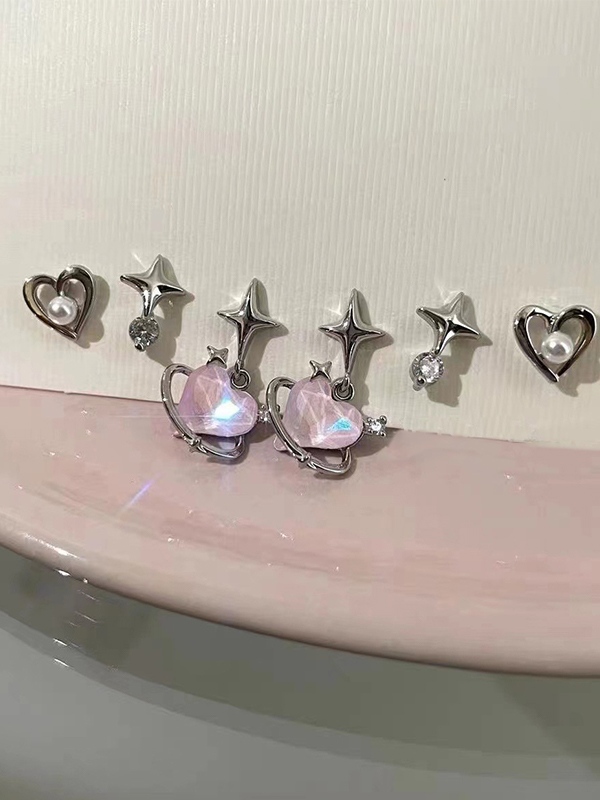 6 Stück Herz-Stern-Perlen-Diamant-Dekor-Ohrstecker-4