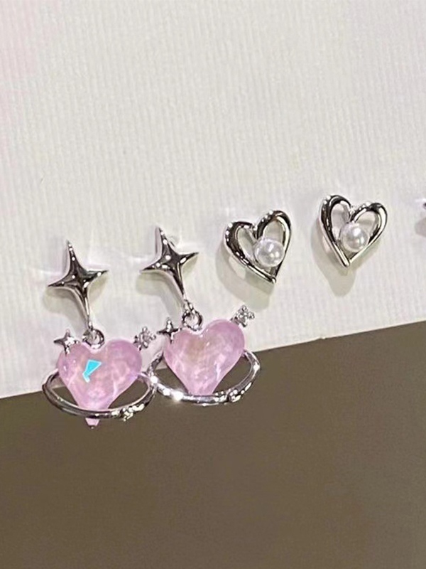 6 Stück Herz-Stern-Perlen-Diamant-Dekor-Ohrstecker-5