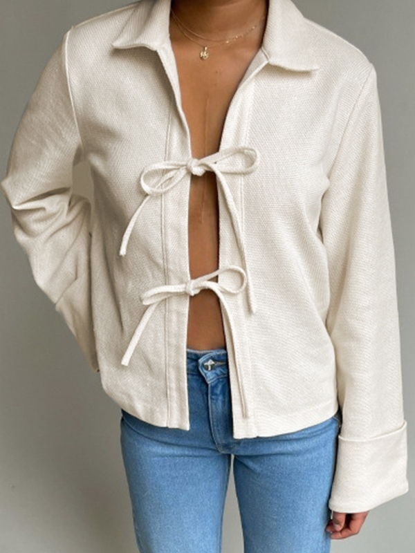 Einfarbige, langärmlige Cardigan-Bluse mit Schnürung-1