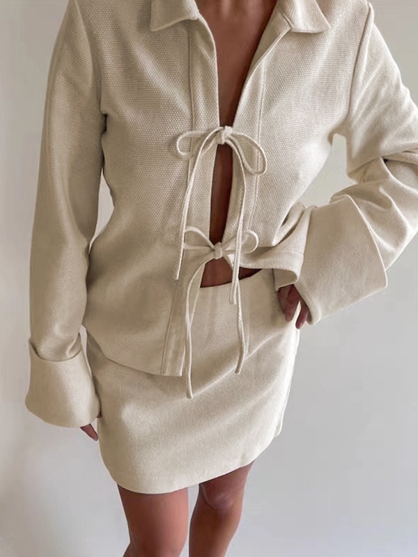 Einfarbige, langärmlige Cardigan-Bluse mit Schnürung-3
