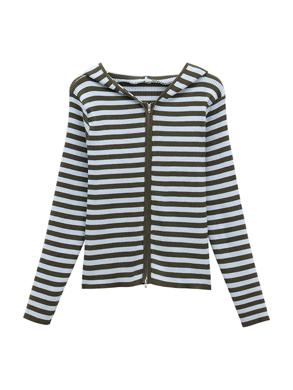Kontrastfarben gestreifte Strickjacke mit Kapuze und doppeltem Reißverschluss-4