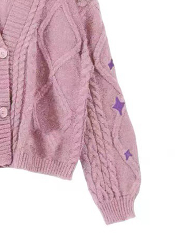Zopfstrick-Cardigan mit V-Ausschnitt und Stern-Stickerei-1