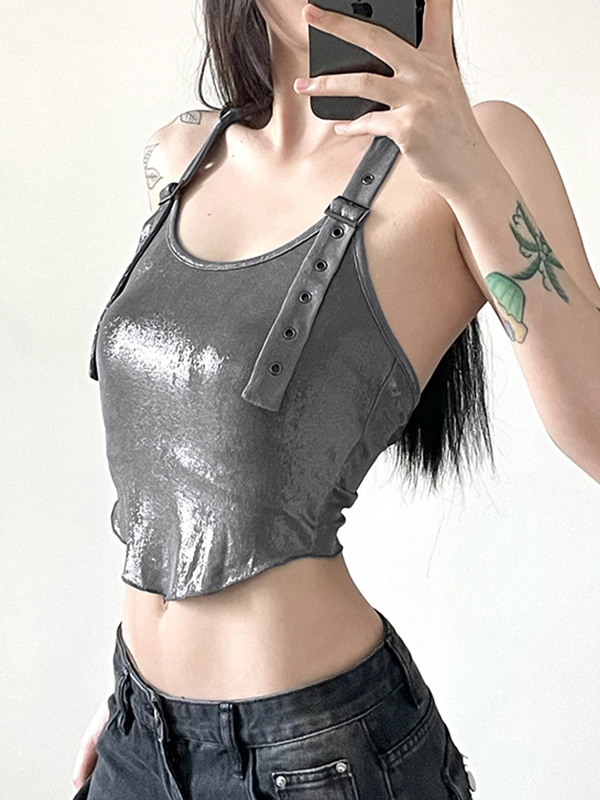 Neckholder-Weste mit metallischer Ösenschnalle und Kapuze-2