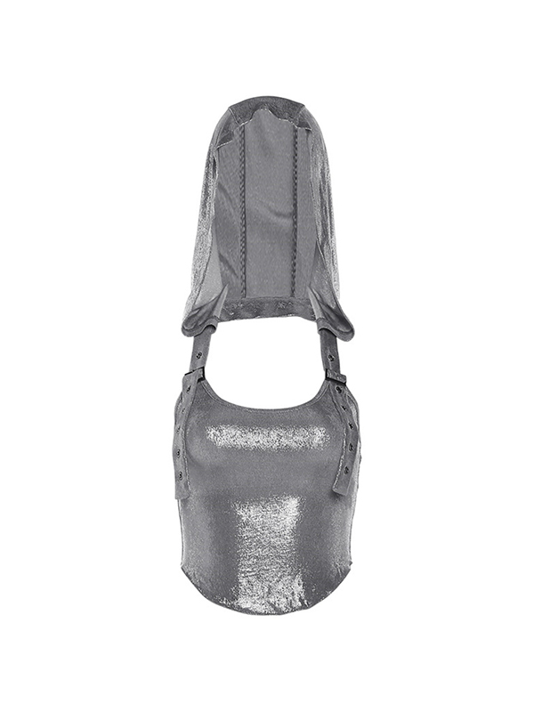 Neckholder-Weste mit metallischer Ösenschnalle und Kapuze-5