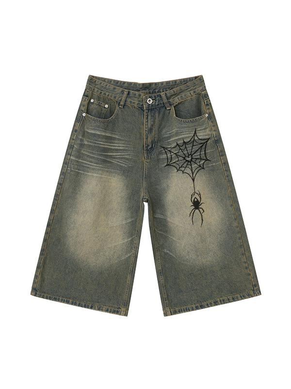 Lockere, lässige Jeansshorts für Herren mit Spinnen-Print-1